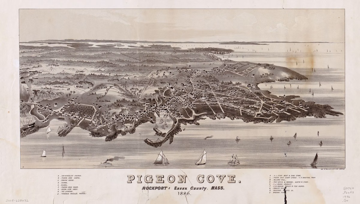 Bird's-eye view map of Pigeon Cove, Rockport, drawn in 1886