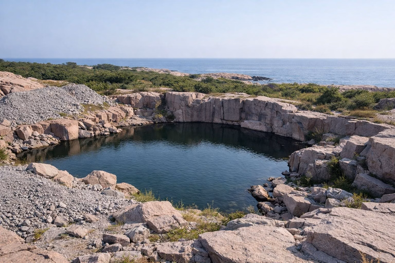 A granite quarry pool with grout piles and the ocean beyond