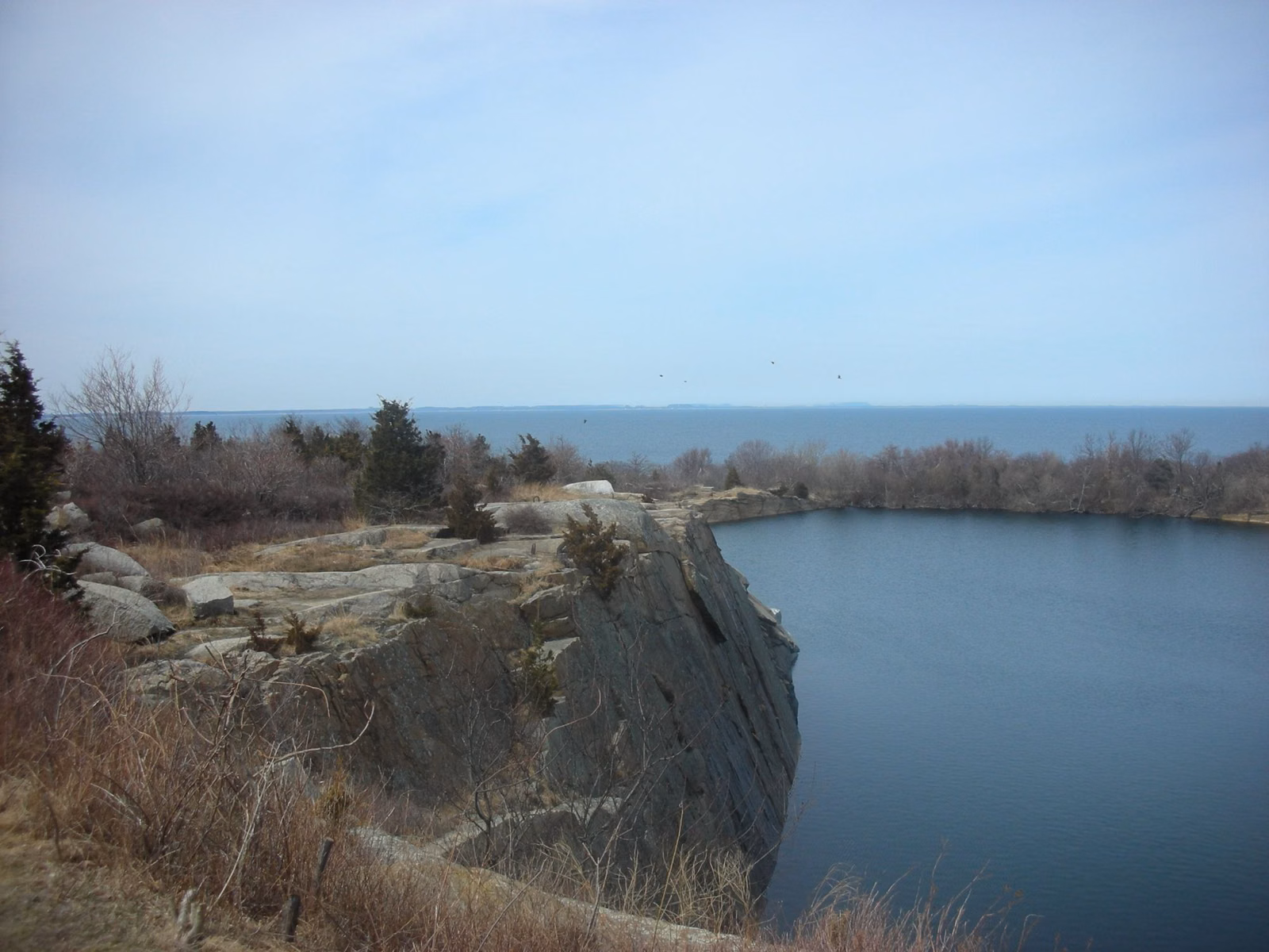 Sheer granite wall dropping into the water of the Babson Farm Quarry, with the ocean beyond, at Halibut Point State Park
