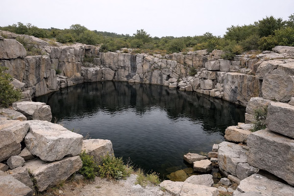 A deep quarry pool with stacked granite blocks around it
