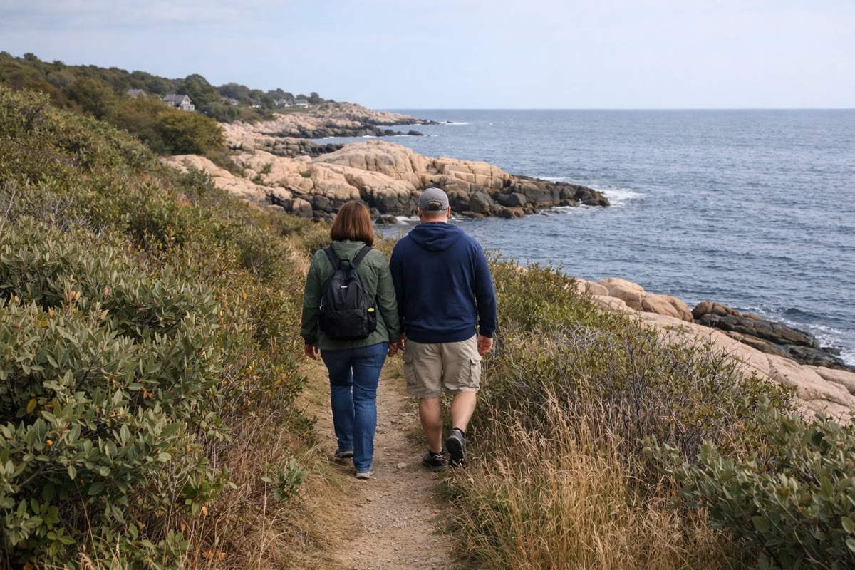 Two people walking a coastal footpath above the sea