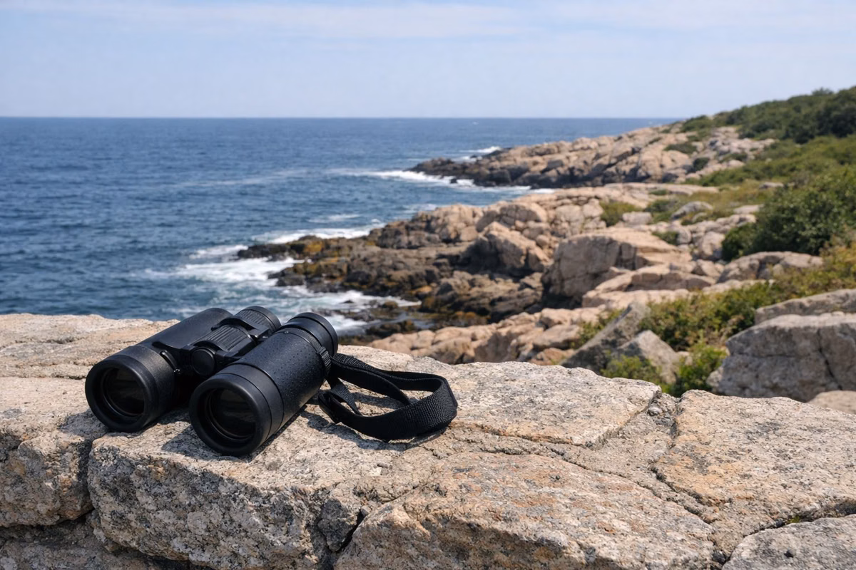 Binoculars resting on a stone wall above the ocean