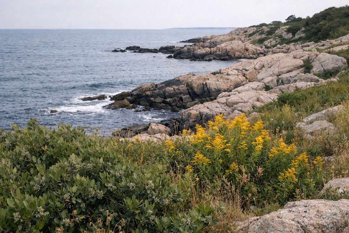 A coastal meadow of bayberry and goldenrod above a rocky shore