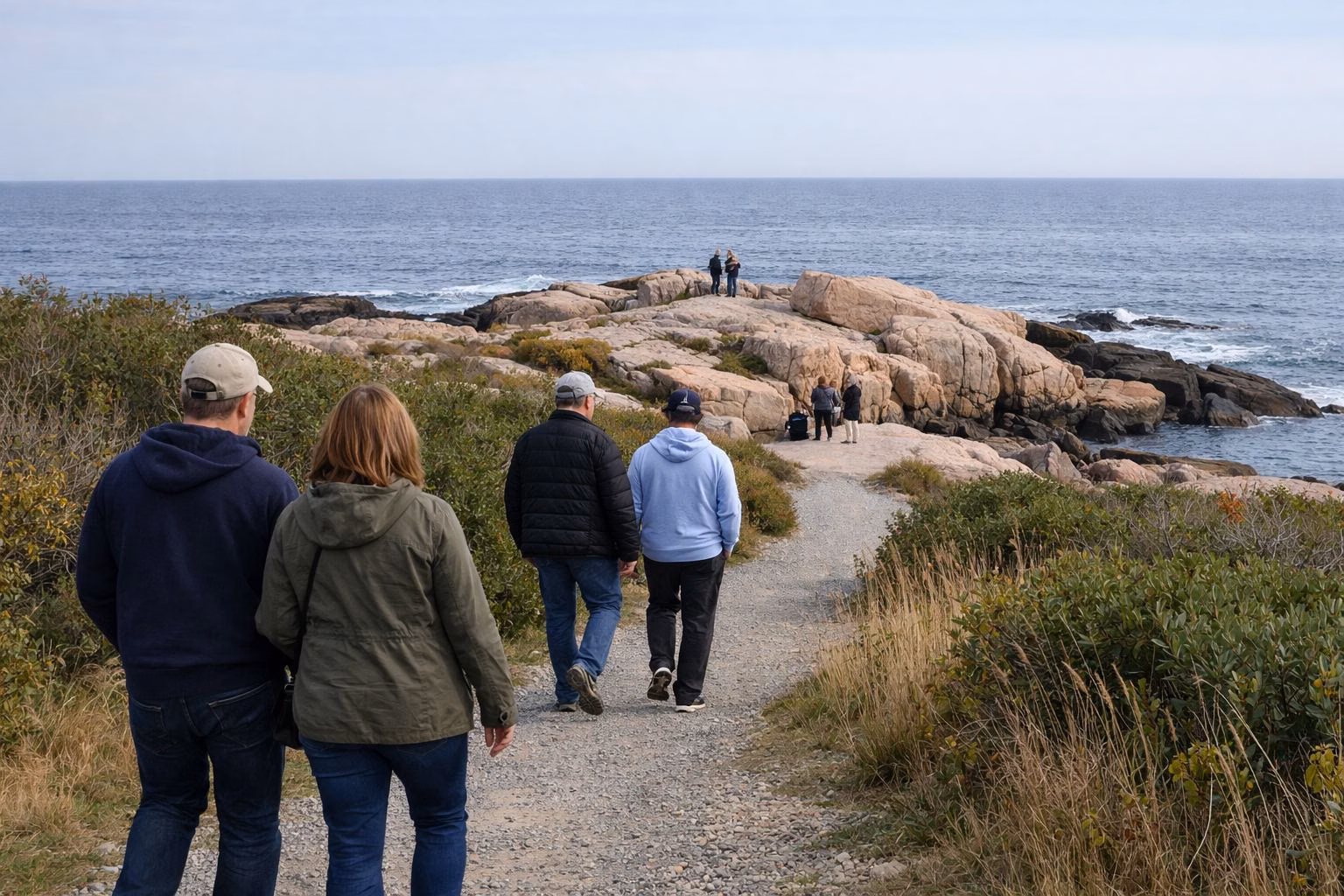 Visitors on a gravel path through coastal scrub toward the ocean