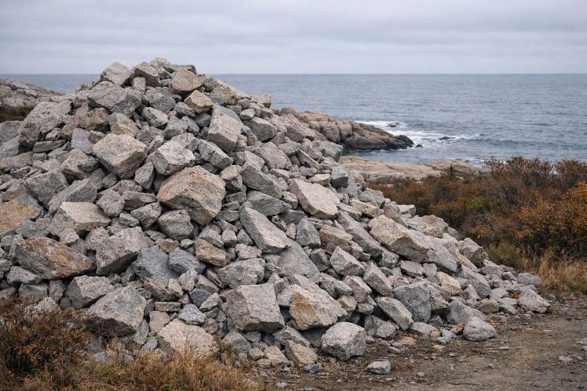 A huge pile of broken granite rubble beside the ocean