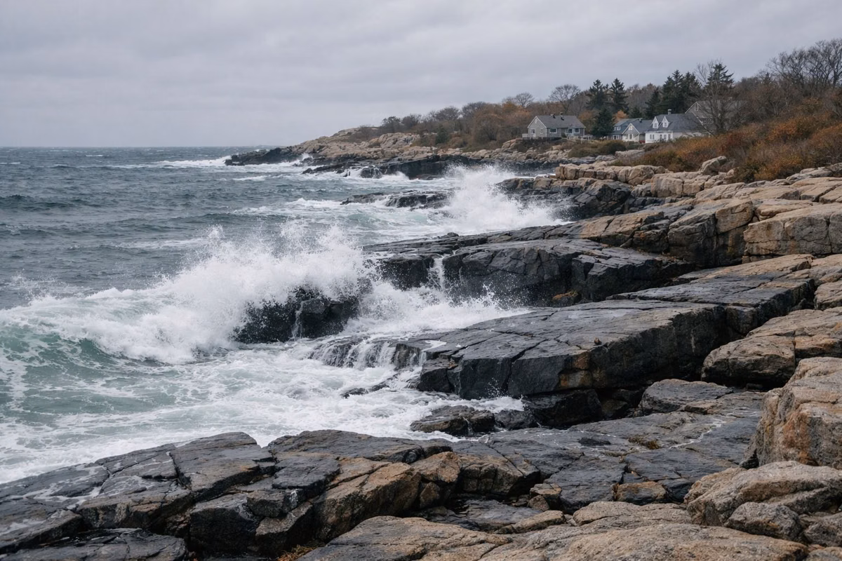 Waves breaking over dark granite ledges