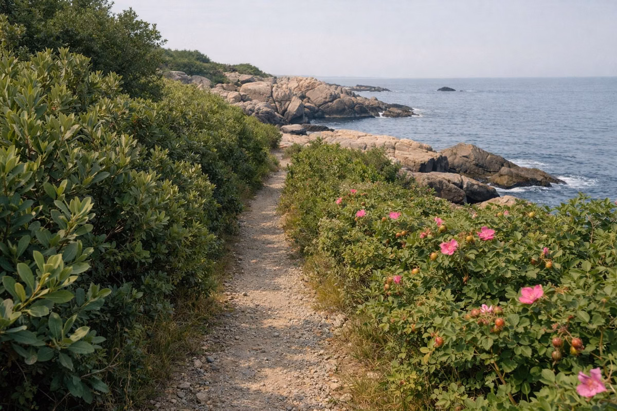 A narrow gravel footpath through bayberry and wild rose