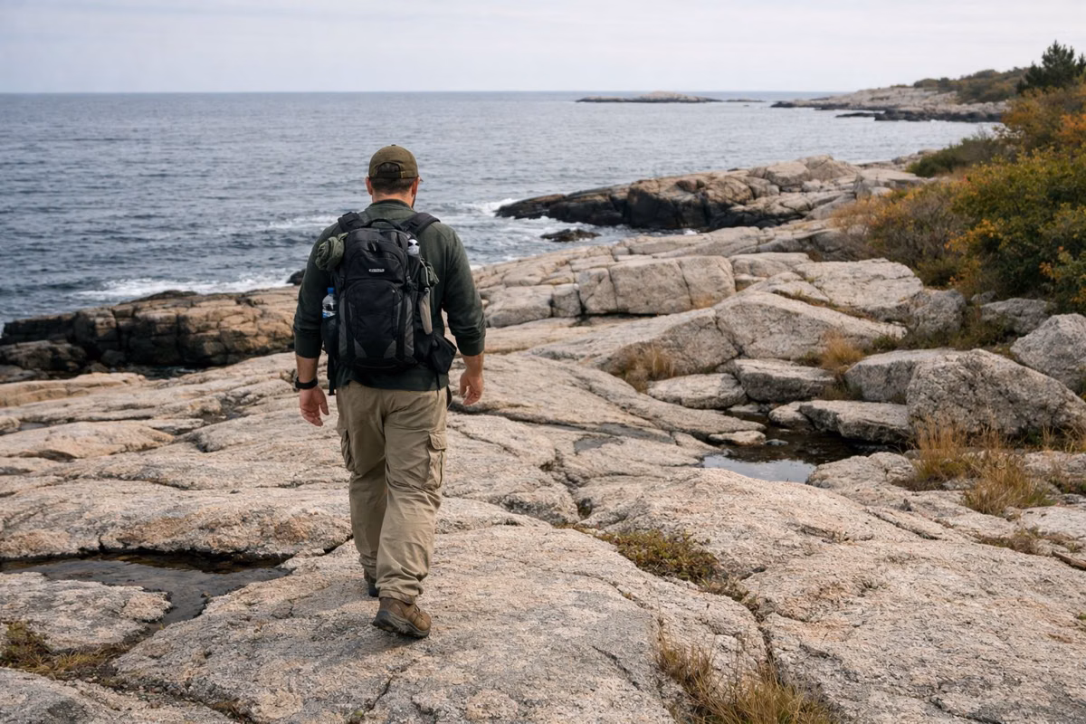 A hiker walking across bare granite ledges near the ocean