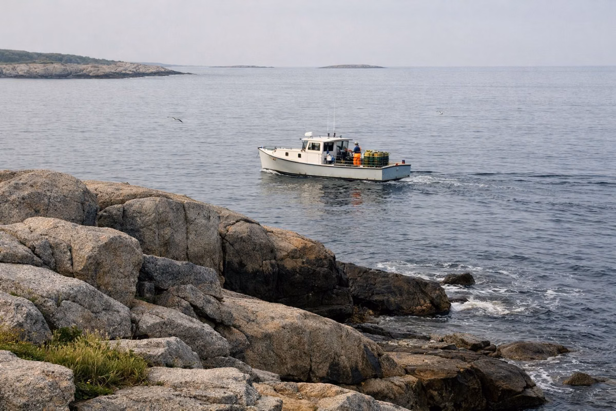 A lobster boat working offshore seen from a rocky point
