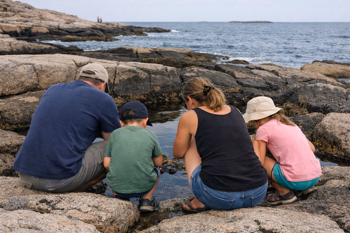 A family exploring tide pools on granite ledges