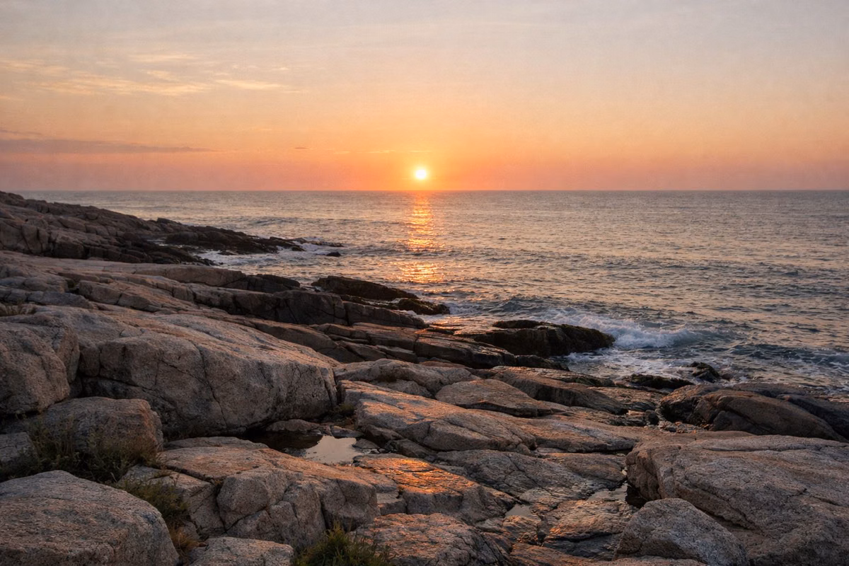 Early sun over the ocean from a rocky granite shore
