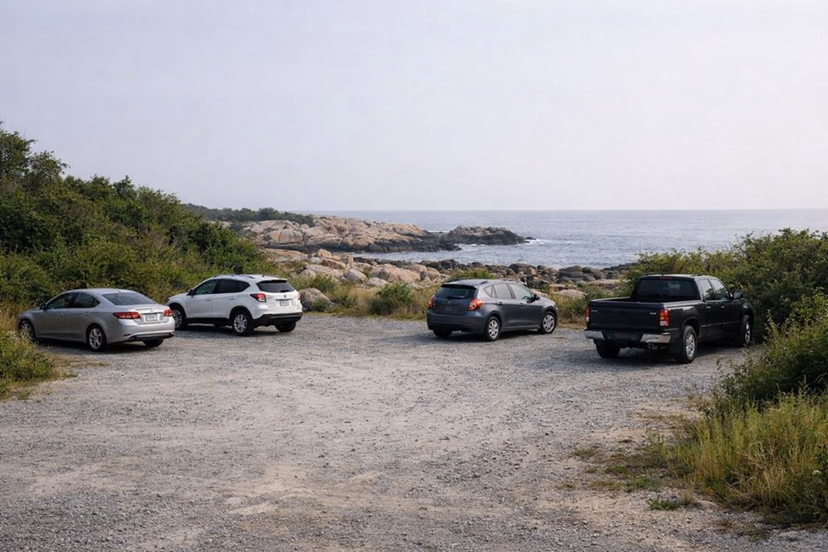A small gravel lot with a few cars near the coast
