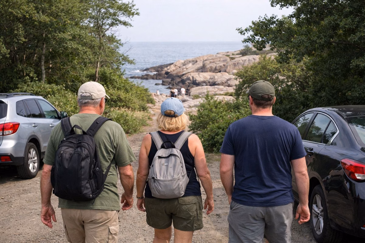 People walking from a small lot onto a wooded path