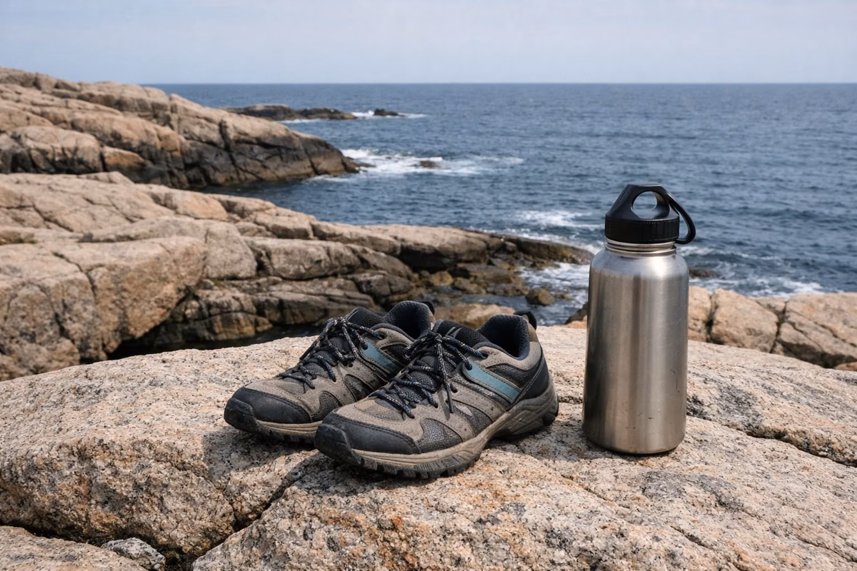 Hiking sneakers and a water bottle on granite ledges by the sea