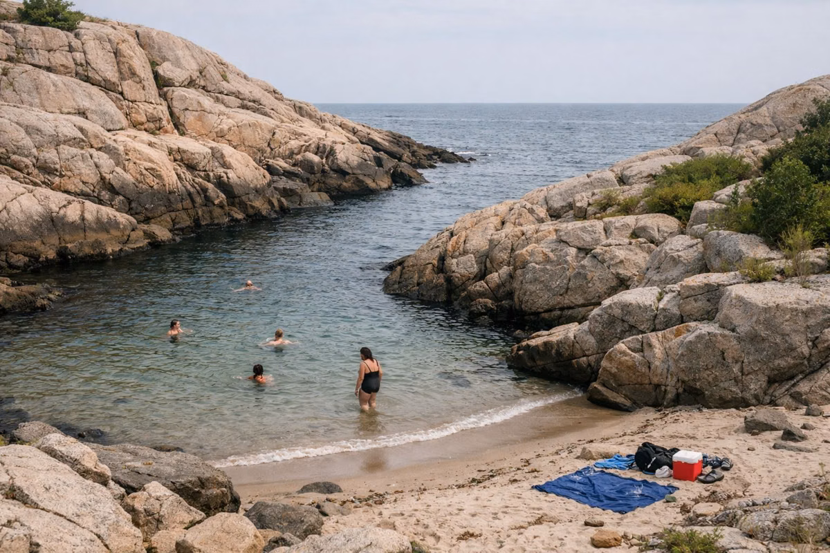 A small sandy cove between granite outcrops