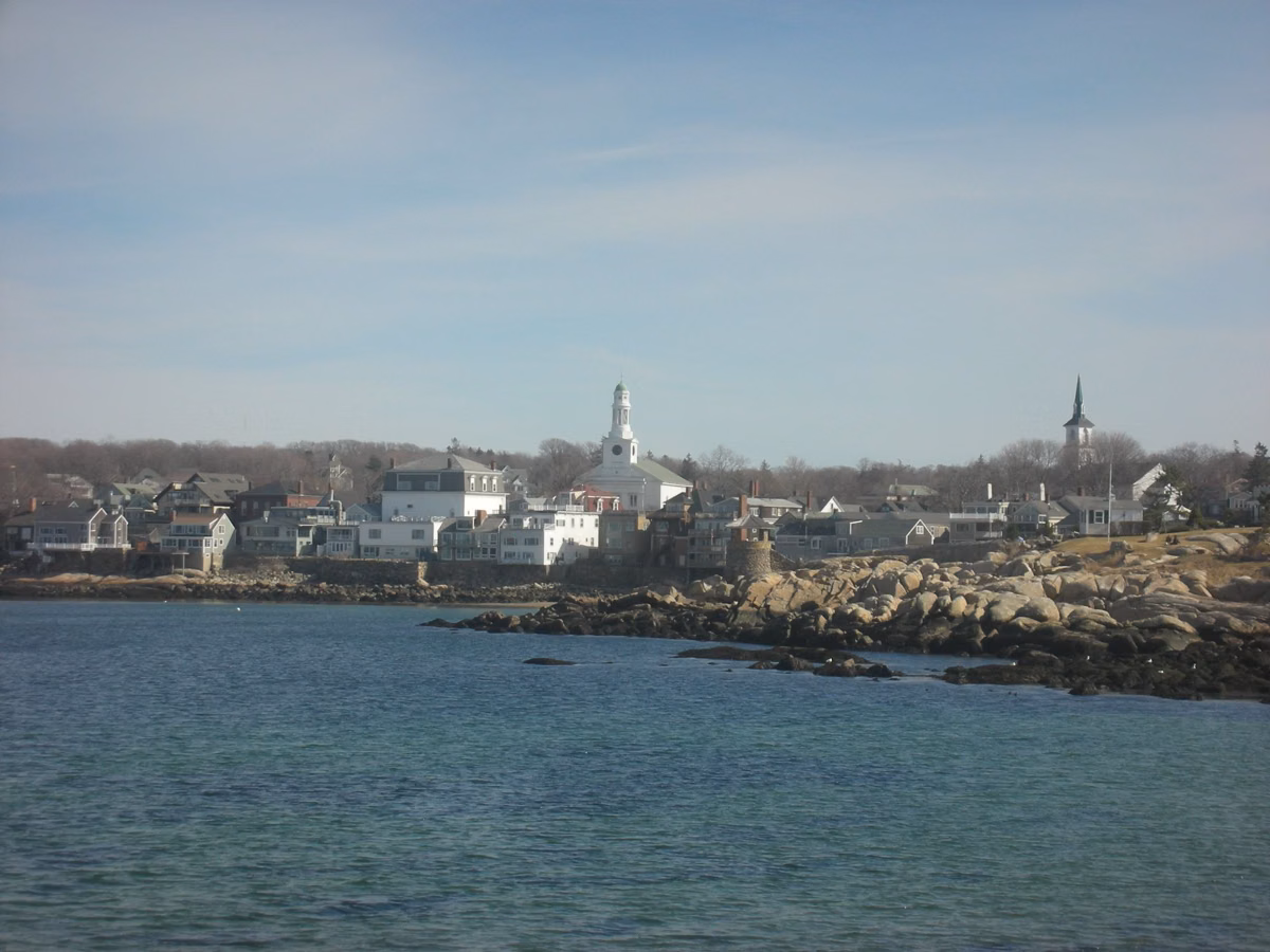 Looking across the water at Front Beach toward downtown Rockport and its church steeples