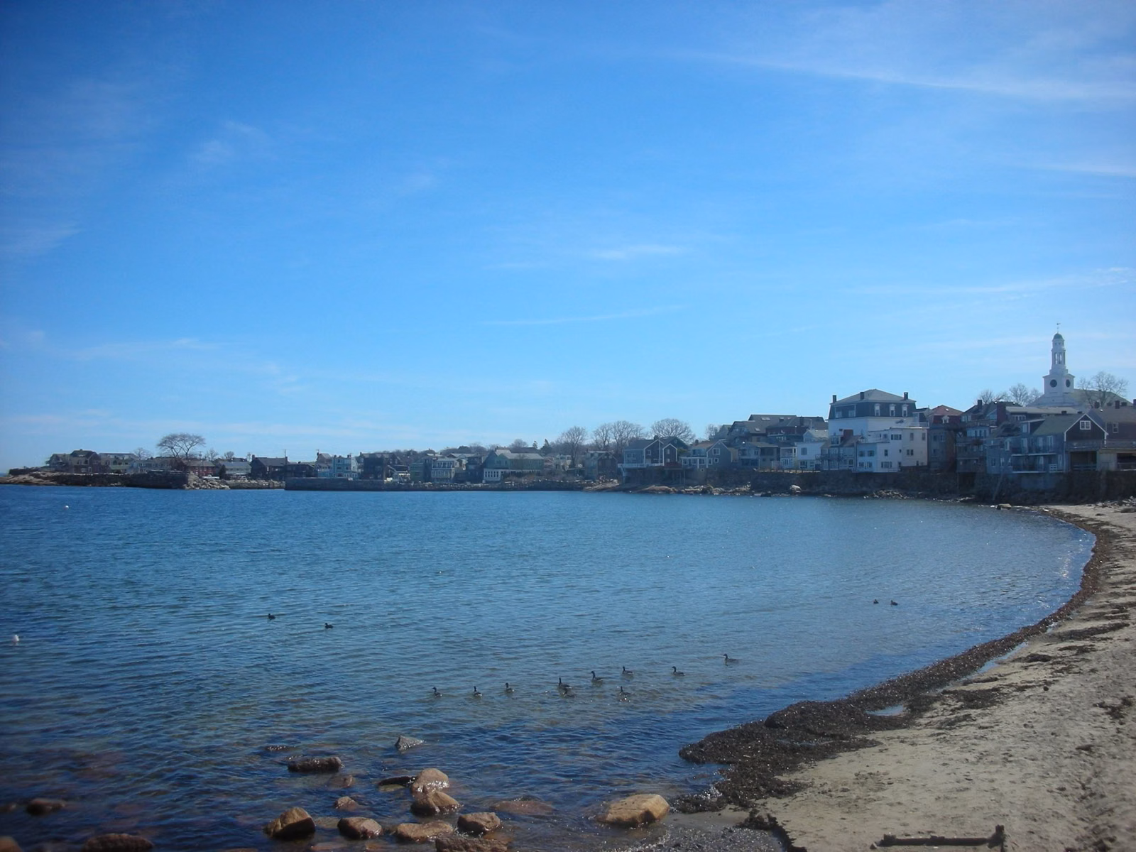 A curving sand beach in Rockport with houses and a white church steeple along the shore behind it