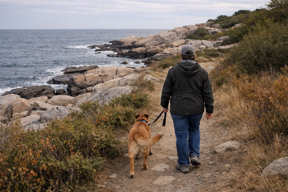 A person walking a leashed dog on a coastal footpath