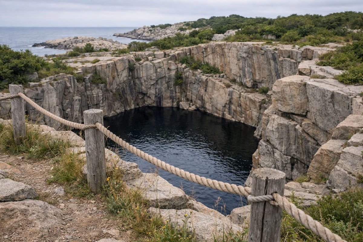 A rope fence along the rim of a deep granite quarry