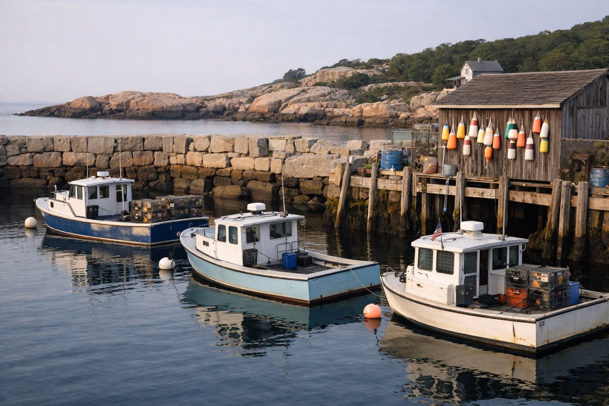 Lobster boats moored in a small granite-walled harbor
