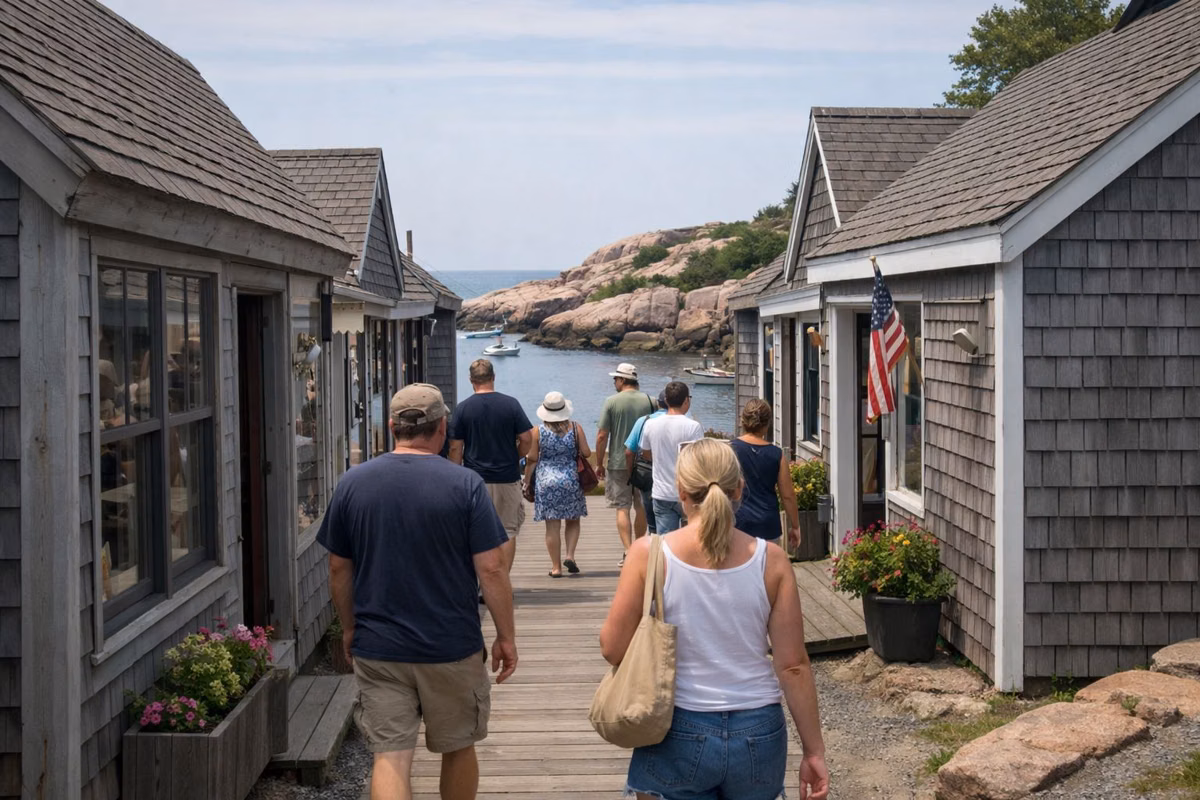 A narrow lane of small shingled shops near a harbor