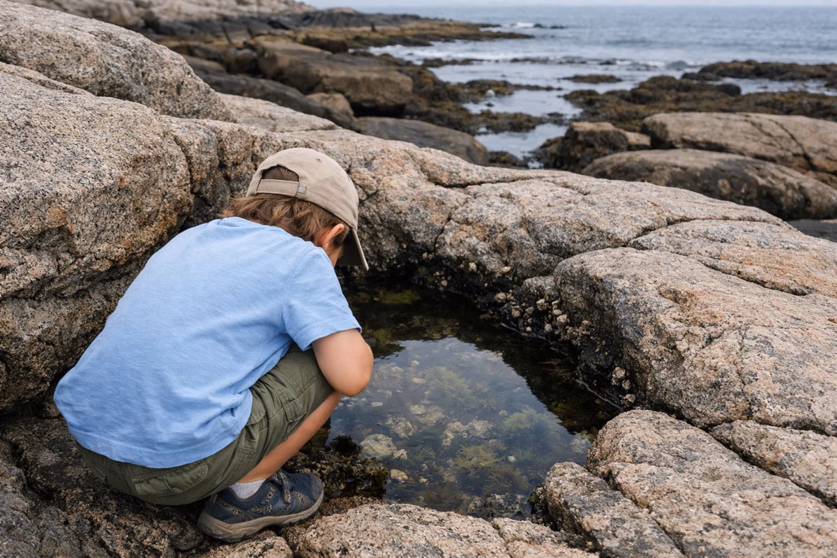 A child peering into a tide pool on granite ledges