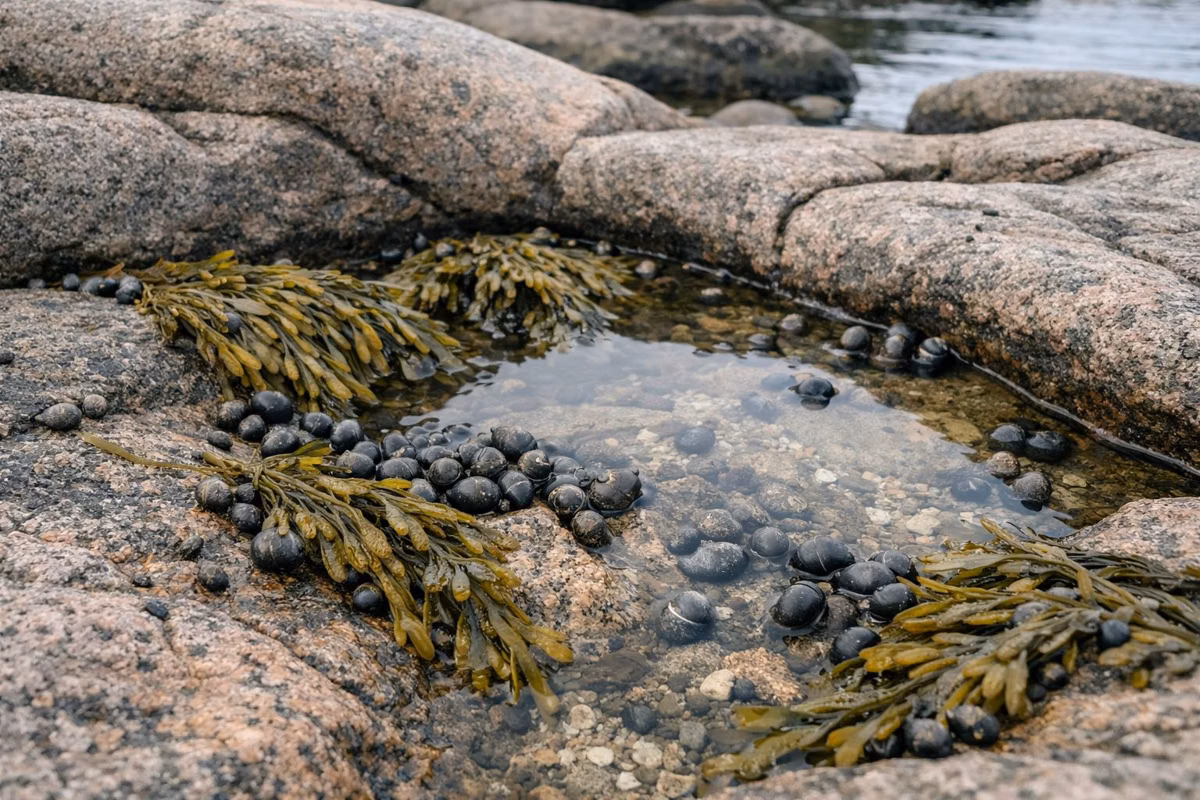 Periwinkle snails and rockweed in a shallow tide pool